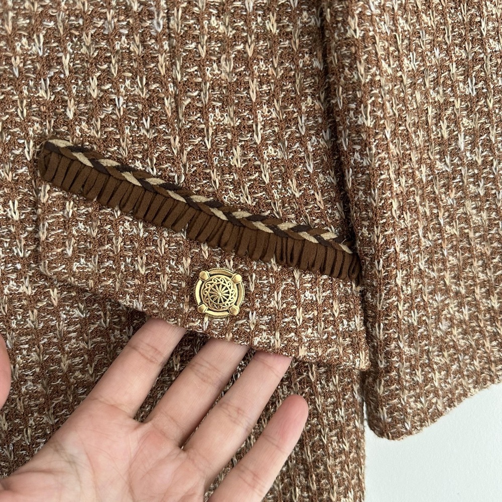 St John Tweed Jacket 12 Brown Textured Knit Gold Button Fringe Equestrian Luxury - Picture 13 of 16